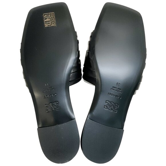 Casadei Black Leather Ruched Flat Slides with Crystals